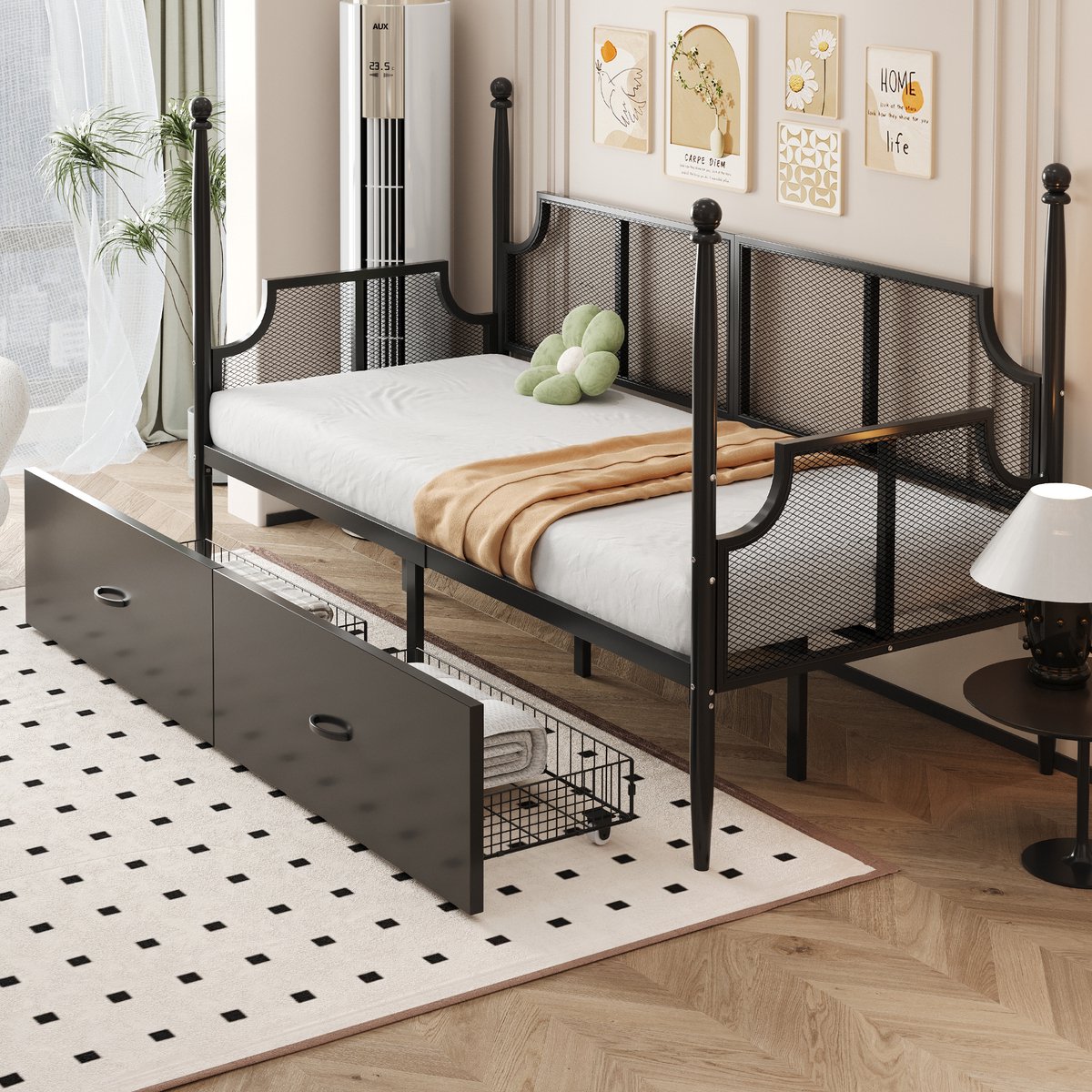 Wishdor Metalen Slaapbank Eenpersoonsbed - Vintage Design - Met 2 Opberglades - Zwart - 90x200 Cm