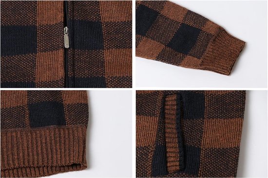 Details van een bruin en zwart geruit vest: ritssluiting, mouwboord, boord en zak.