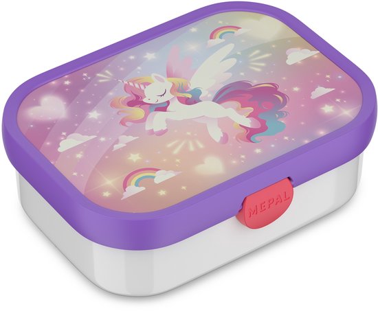 Mepal broodtrommel met paarse deksel en unicorn print. De trommel is paars en wit met een afbeelding van een eenhoorn met regenboog.