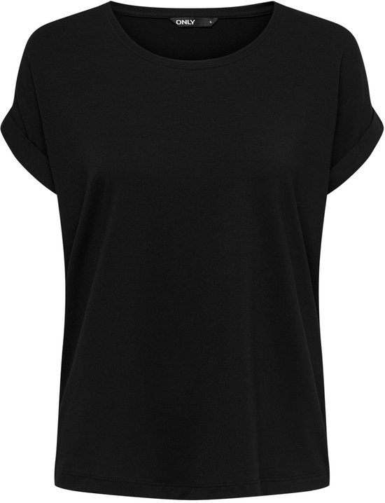 Zwart T-shirt met korte, opgerolde mouwen, recht model.