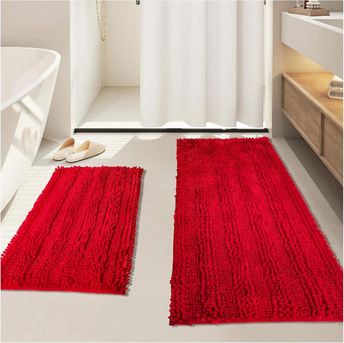 Lange, Rode Badmatten Set met Chenille voor de Badkamer, Extra Zacht en Absorberend