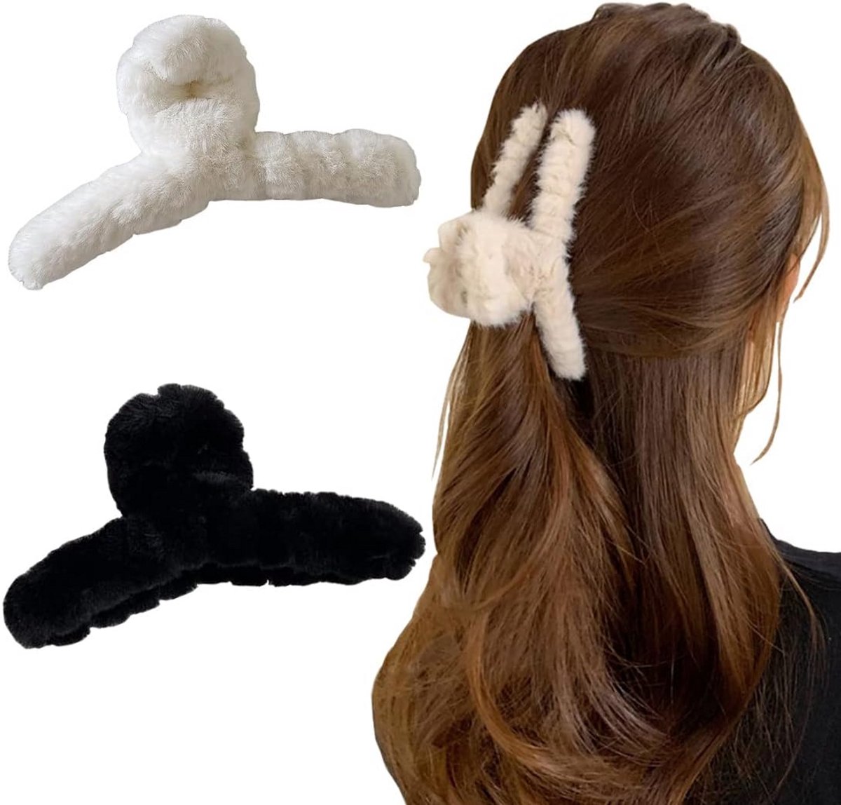 2 Stuks Pluche Haarclip Groot – Fuzzy Claw Clip voor Dik en Dun Haar