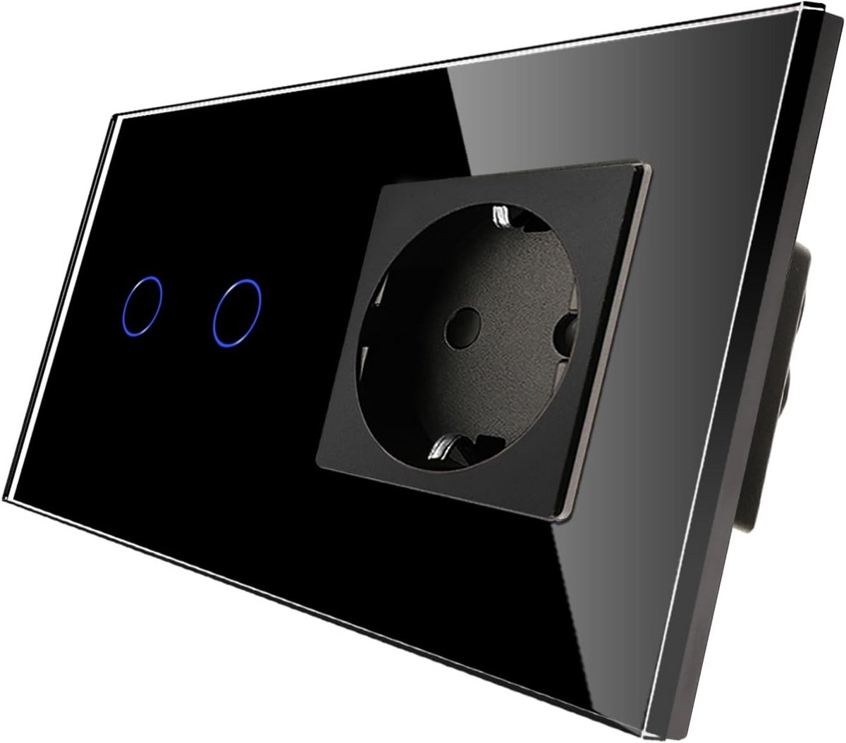 Dubbele Touch Dimmer Schakelaar met Geaard Stopcontact – Inbouw - Zwart Glas