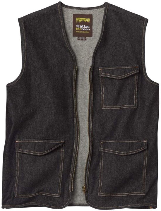 Donkergrijs spijker bodywarmer met rits en vier opgestikte zakken, met label 'atlas for men'.