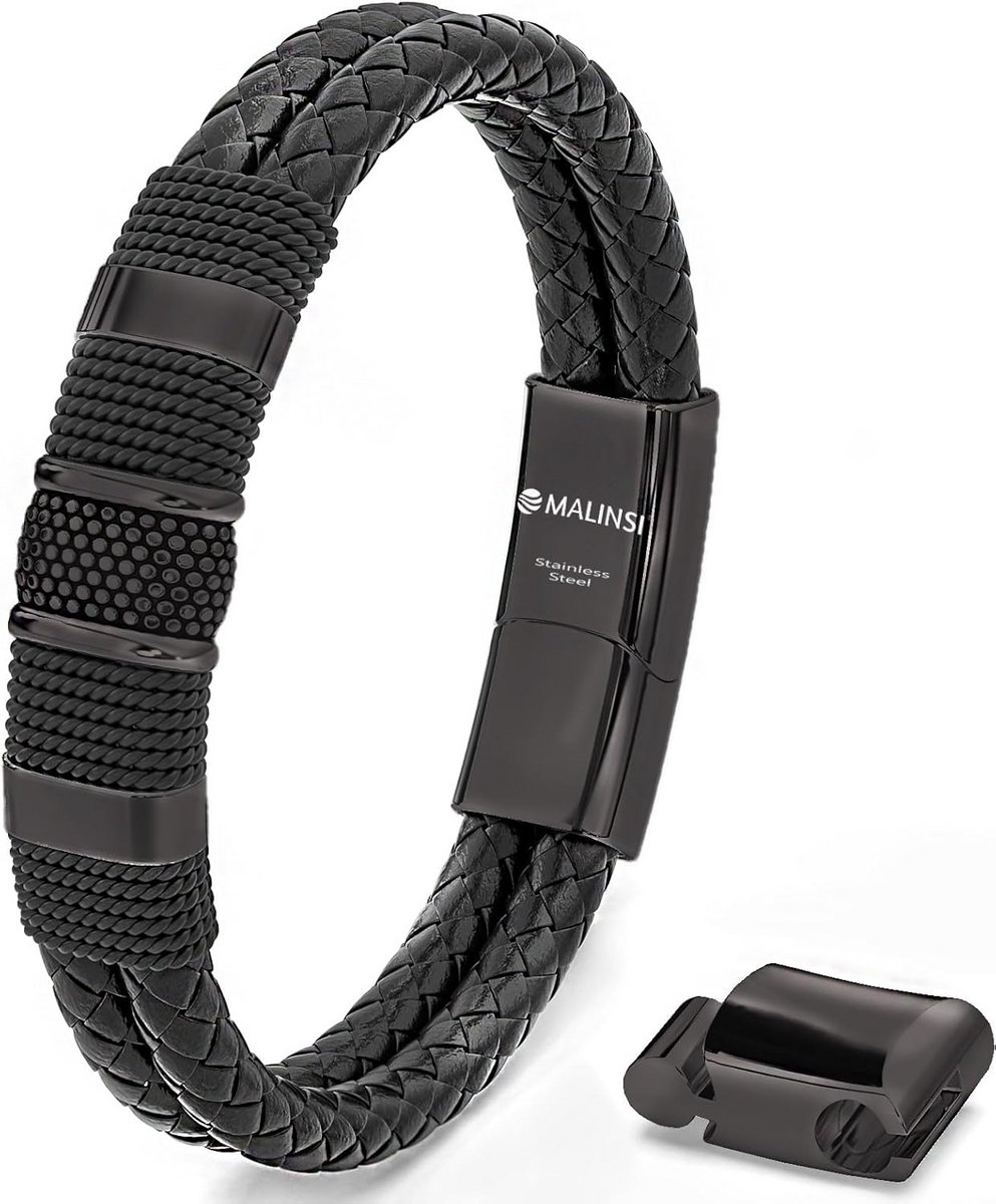Herenarmband RVS en Zwart Leer - Luxe Sieraden met Verlengstuk