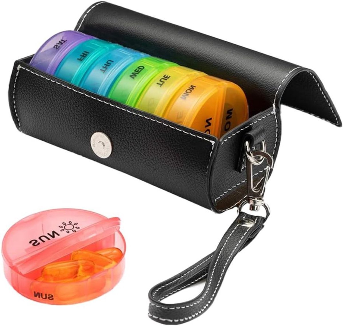 Allecta - Wekelijkse pillendoos met PU-leren etui voor reizen en vitaminesupplementen.