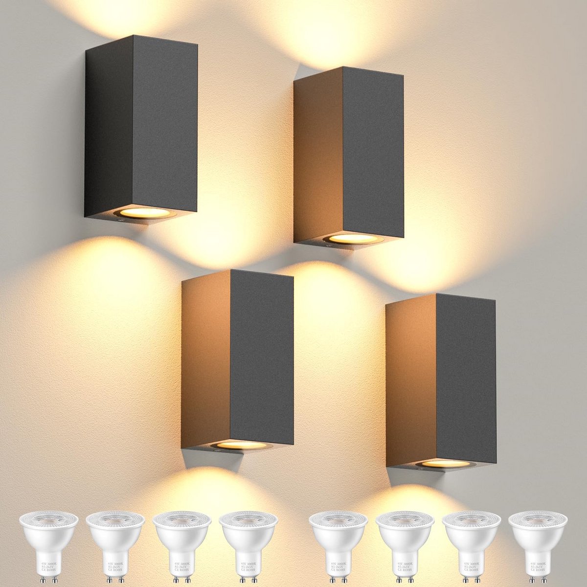 Wandlampen voor binnen en buiten, 2 stuks, waterdicht, 10W, warm wit licht, aluminium vierkant
