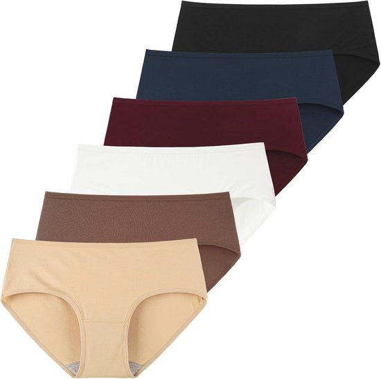 Set van zes damesonderbroeken in effen kleuren: zwart, marineblauw, bordeaux, wit, bruin en beige.