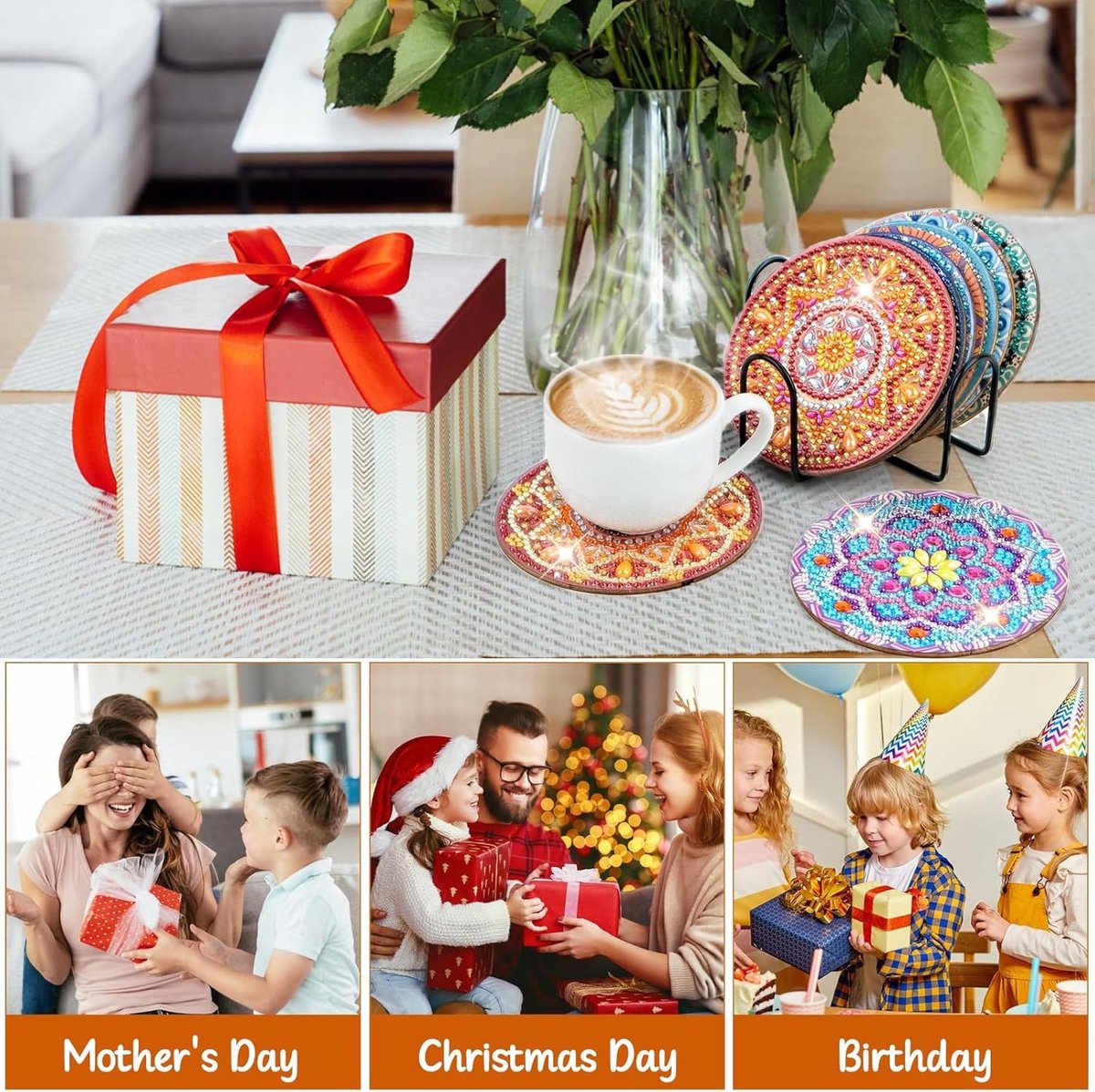 10-pack Diamond Painting-onderzetters (met standaard), Diamond Cup-onderzetters, Diamond Painting-knutsels voor volwassenen, DIY Mandala-onderzetters, antislip, Houten Kork Basis, Creatief Knutselpakket voor Kinderen & Volwassenen — afbeelding 4