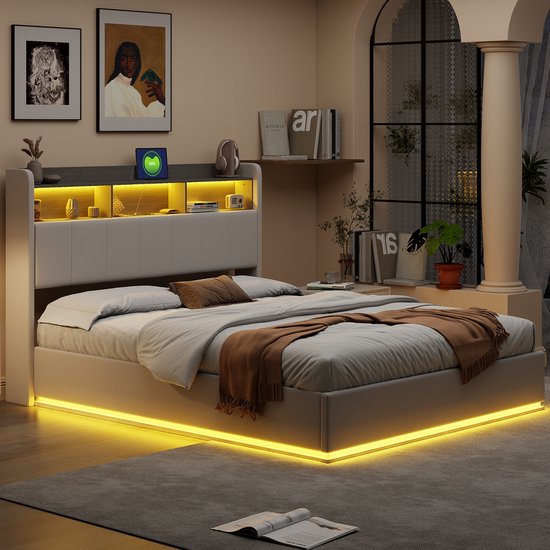 Zwevend Modern Boxspring 160x200 cm met LED-verlichting - SHOPENTRA - €333,69