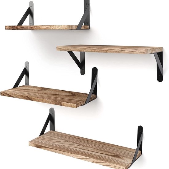 Foto: Okwish boekenplanken wandplank set van 4 met wandrek hout en wandplank opbergruimte houten wandplank met stalen beugels hout bruin