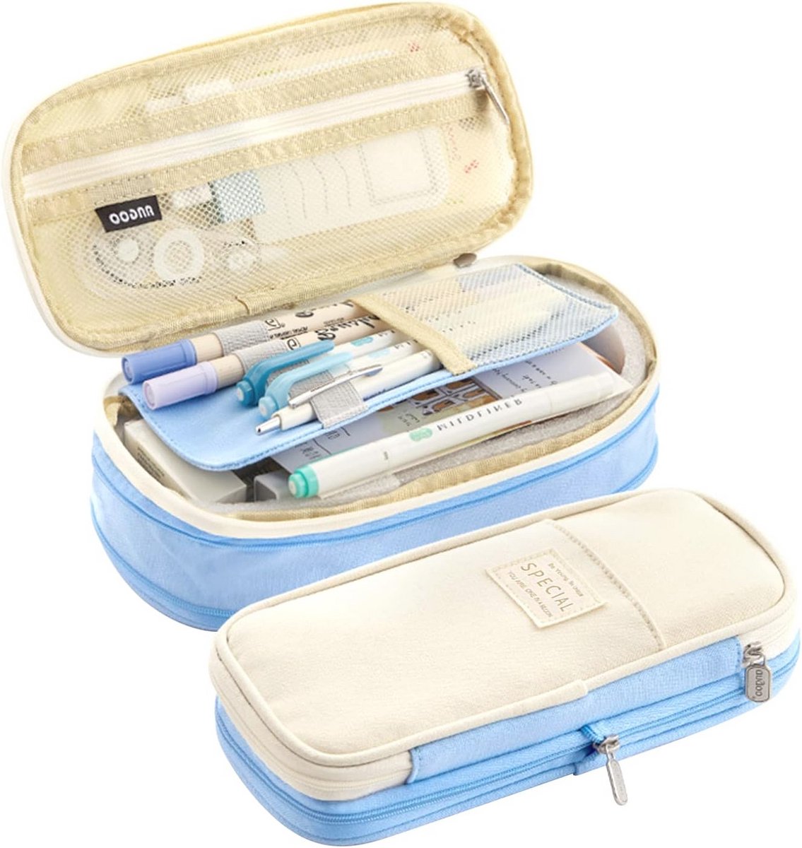 Grote Capaciteit Potlood- en Pennen Etui voor School en Kantoor - Lichtblauw-Beige Organizer