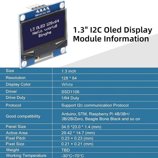 2 Stuks 1,3 inch OLED Display Module Wit Karakter 128x64 I2C voor ...