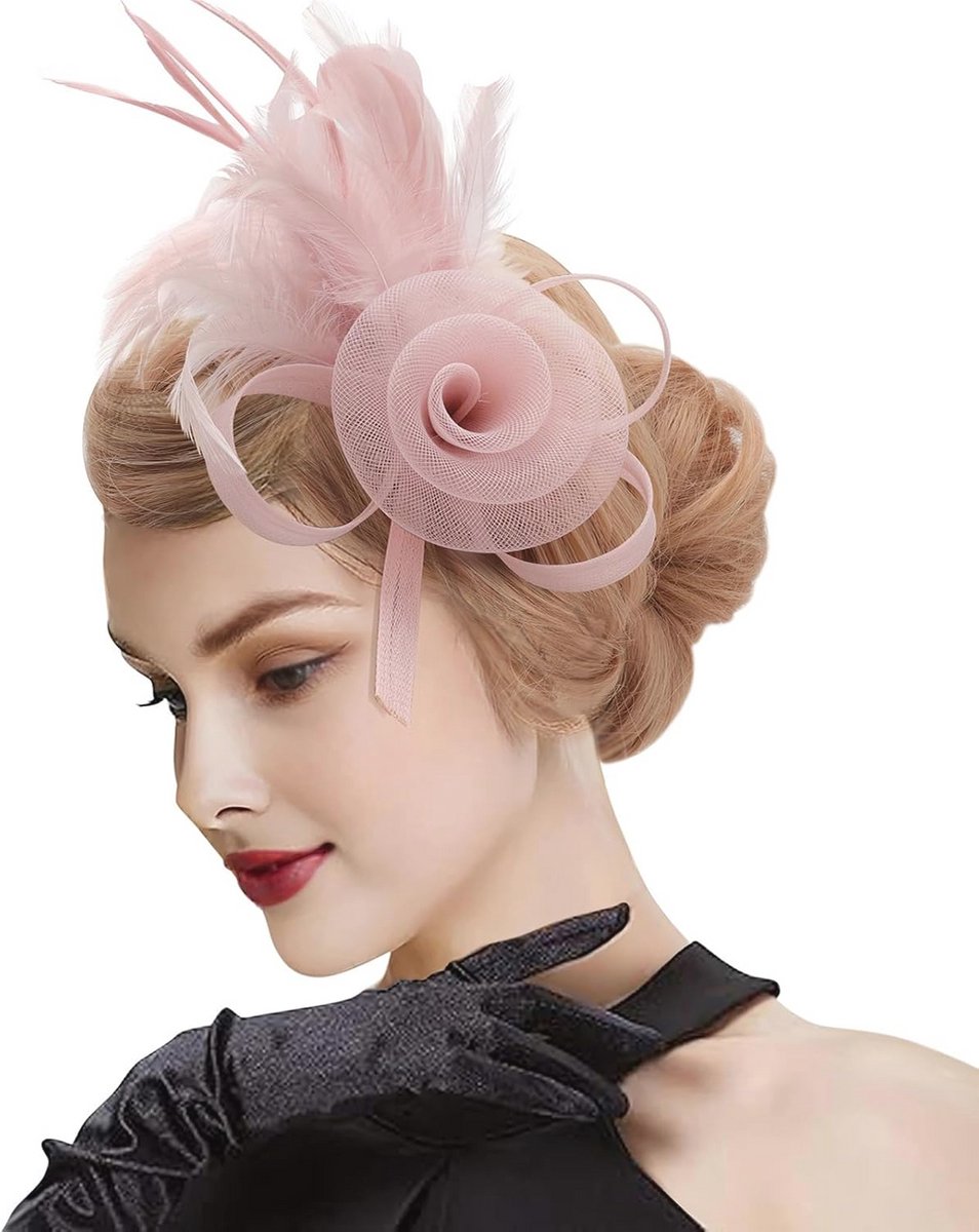 Fascinator Hoed met Bloem en Veer voor Cocktail en Theekransjes