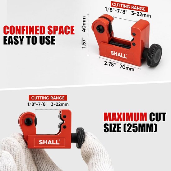 SHALL 4-delige tubing cutter set, zware pijpsnijder 6-50 mm, mini cutter 3-22 mm, met 2 ontbraamgereedschappen, geschikt voor PVC/aluminium/koper