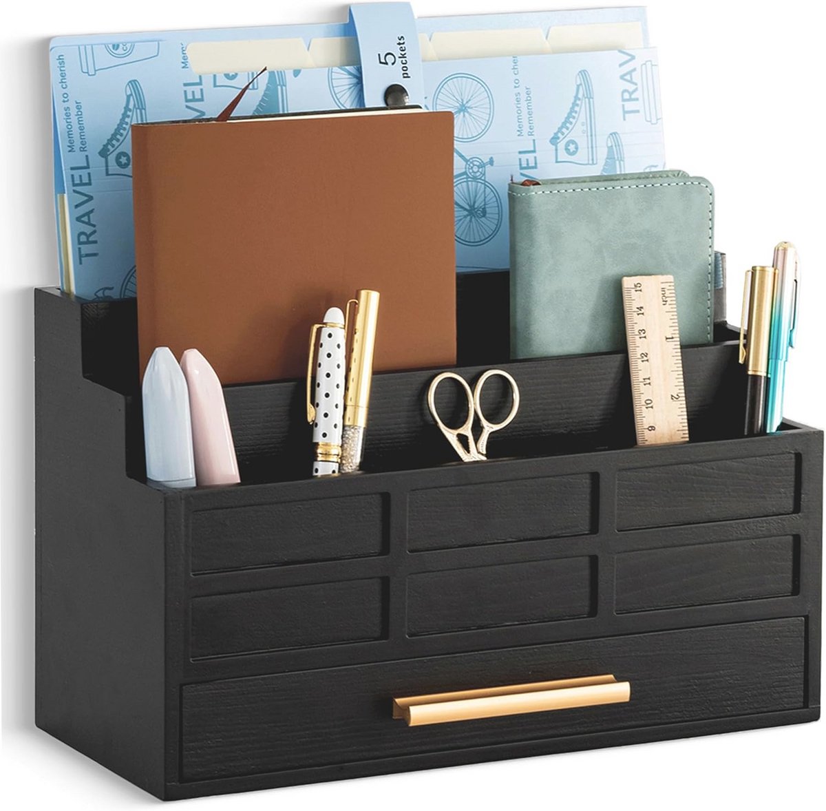 Zwart Houten Bureau-organizer met Lade voor Kantoorbenodigdheden