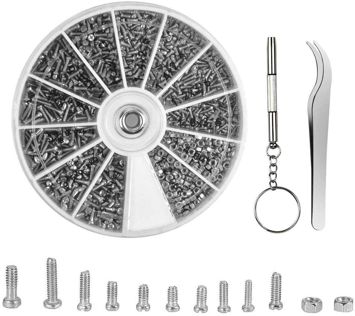 Reparatieset voor Brillen met 1000 Mini Schroeven en Moeren - Eyeglas Reparatietool met Tang - Diverse Reparatieset voor Brillen, Zonnebrillen en Horloges