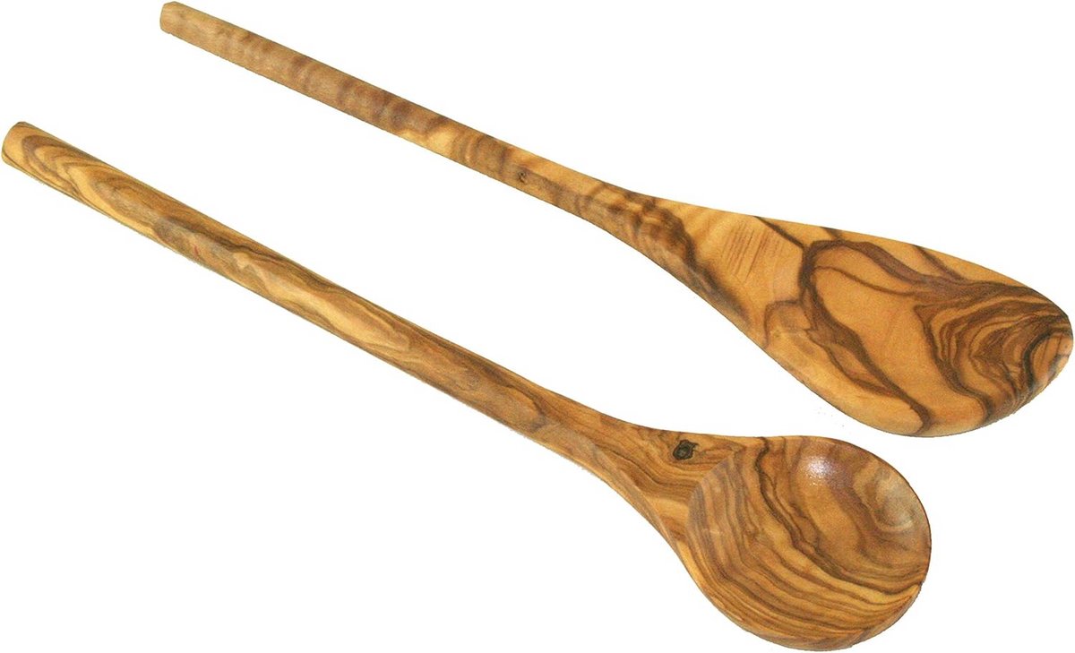 Set van 2 Kooklepels van Olijfhout - Ronde en Hoekige Vorm