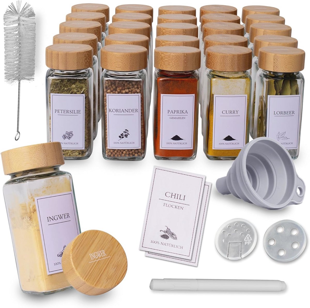 Kruidenpotjesset met Etiketten en Trechter - 25 Stuks - Bamboe Vierkant 120 ml