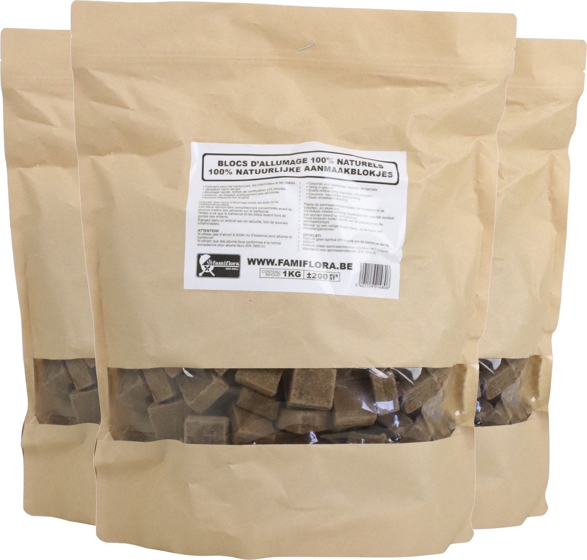 Famiflora Aanmaakblokjes Bruin Bulk - 3x 1kg (600 stuks) - Milieuvriendelijke Vuurstarters - Voor Houtkachel, Haard & Barbecue