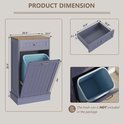 Afmetingen van grijze kast met houten blad, kantelbare deur, lade en een blauwe prullenbak. Afmetingen in inches.