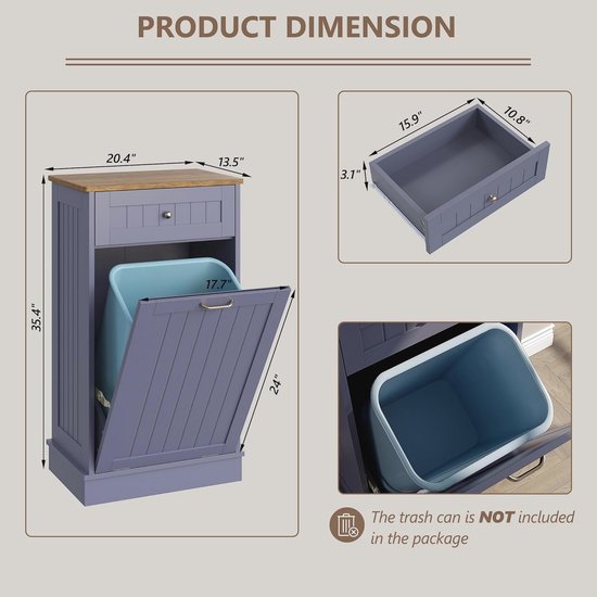 Afmetingen van grijze kast met houten blad, kantelbare deur, lade en een blauwe prullenbak. Afmetingen in inches.