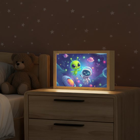 Nachtlampje 30x20 cm - Kinder lampje - Alien - Astronaut - Ruimte - Planeten - Tafellamp kinderkamer - Slaapkamer lamp - Bedlamp kinderen - Kinderlampje stopcontact - Wandlamp babykamer - Nachtlampjes van Merkloos — afbeelding 2