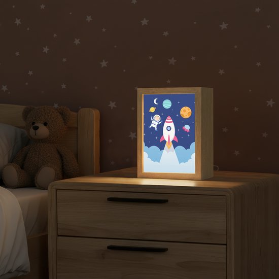 Nachtlampje 15x20 cm - Kinder lampje - Raket - Ruimte - Astronaut - Blauw - Jongens - Tafellamp kinderkamer - Slaapkamer lamp - Bedlamp kinderen - Kinderlampje stopcontact - Wandlamp babykamer - Nachtlampjes van OnlyWow — afbeelding 2