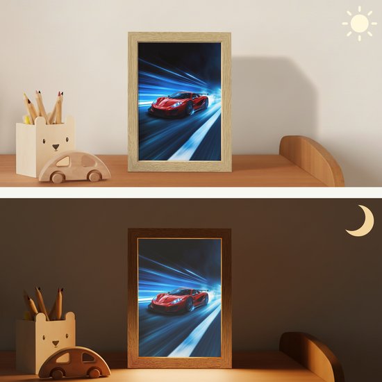 Nachtlampje 15x20 cm - Kinder lampje - Rode raceauto - Blauw - Futuristisch - Tafellamp kinderkamer - Slaapkamer lamp - Bedlamp kinderen - Kinderlampje stopcontact - Wandlamp babykamer - Nachtlampjes van OnlyWow — afbeelding 4