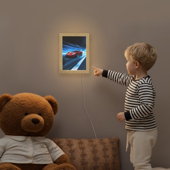 Nachtlampje 15x20 cm - Kinder lampje - Rode raceauto - Blauw - Futuristisch - Tafellamp kinderkamer - Slaapkamer lamp - Bedlamp kinderen - Kinderlampje stopcontact - Wandlamp babykamer - Nachtlampjes van OnlyWow — afbeelding 5