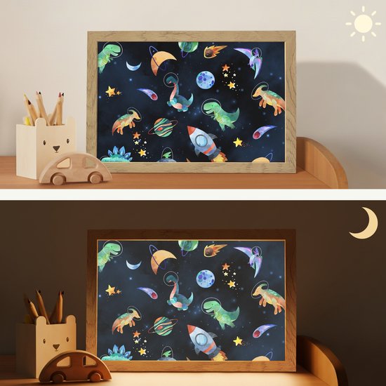 Nachtlampje 30x20 cm - Kinder lampje - Ruimte - Dino - Dinosaurus - Jongens - Tafellamp kinderkamer - Slaapkamer lamp - Bedlamp kinderen - Kinderlampje stopcontact - Wandlamp babykamer - Nachtlampjes van Merkloos — afbeelding 4