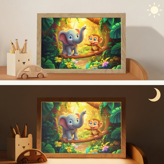 Nachtlampje 30x20 cm - Kinder lampje - Olifant - Appje - Jungle - Kleurrijk - Tafellamp kinderkamer - Slaapkamer lamp - Bedlamp kinderen - Kinderlampje stopcontact - Wandlamp babykamer - Nachtlampjes van Appje — afbeelding 4