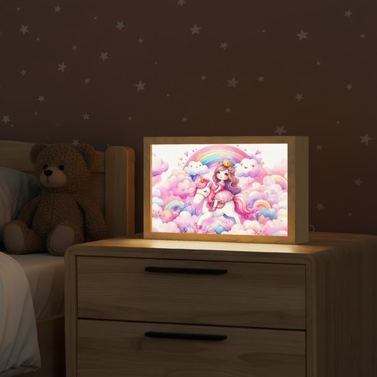 Nachtlampje 30x20 cm - Kinder lampje - Eenhoorn - Prinses - Unicorn - Roze - Regenboog - Tafellamp kinderkamer - Slaapkamer lamp - Bedlamp kinderen - Kinderlampje stopcontact - Wandlamp babykamer - Nachtlampjes van Merkloos — afbeelding 2