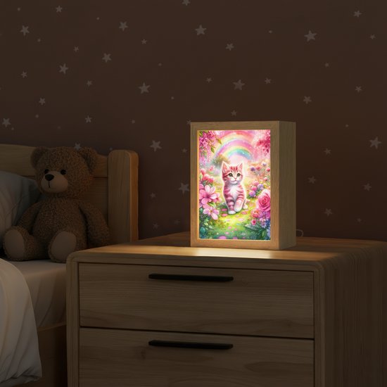 Nachtlampje 15x20 cm - Kinder lampje - Kitten - Roze - Kat - Regenboog - Bloemen - Tafellamp kinderkamer - Slaapkamer lamp - Bedlamp kinderen - Kinderlampje stopcontact - Wandlamp babykamer - Nachtlampjes van Merkloos — afbeelding 2