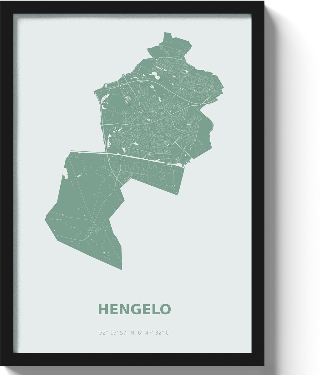 Poster Hengelo A2 - 42 x 59,4 cm - Groen Inclusief lijst (Zwart MDF)