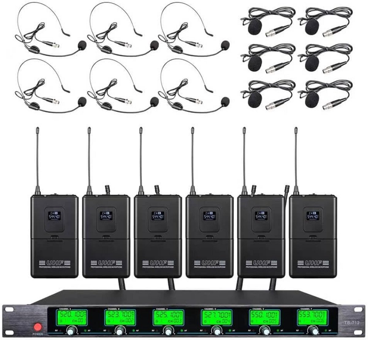 Draadloos Microfoonsysteem met 6 Kanalen UHF - Inclusief 6 Lavalier & 6 Headset Mics
