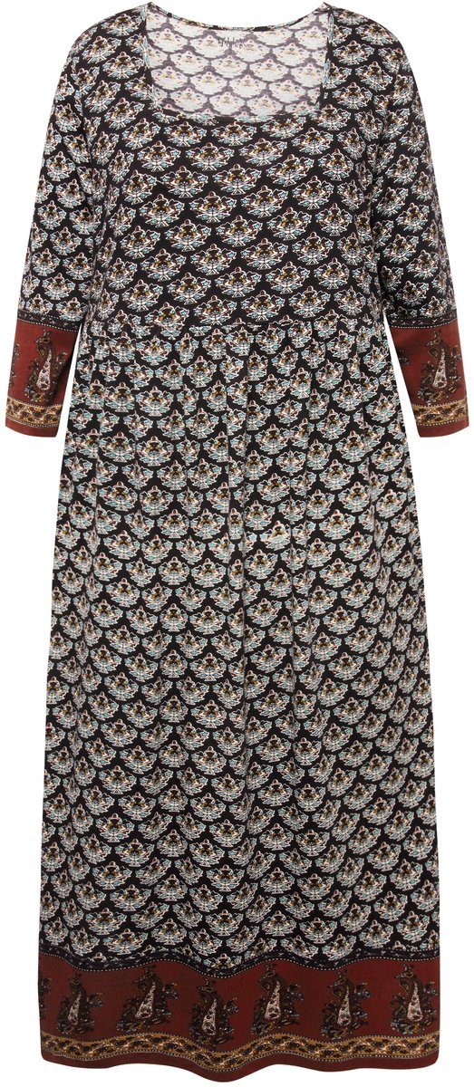 Ulla Popken Dames - Jersey jurk A-lijn vierkante halslijn 3/4 mouwen zakken - Zwart - Maat 62+