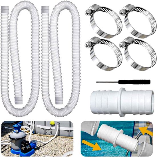 Twee witte, flexibele, geribbelde slangen van 1,5 m, vier slangklemmen, een connector, schroevendraaier en een zwembadpomp.