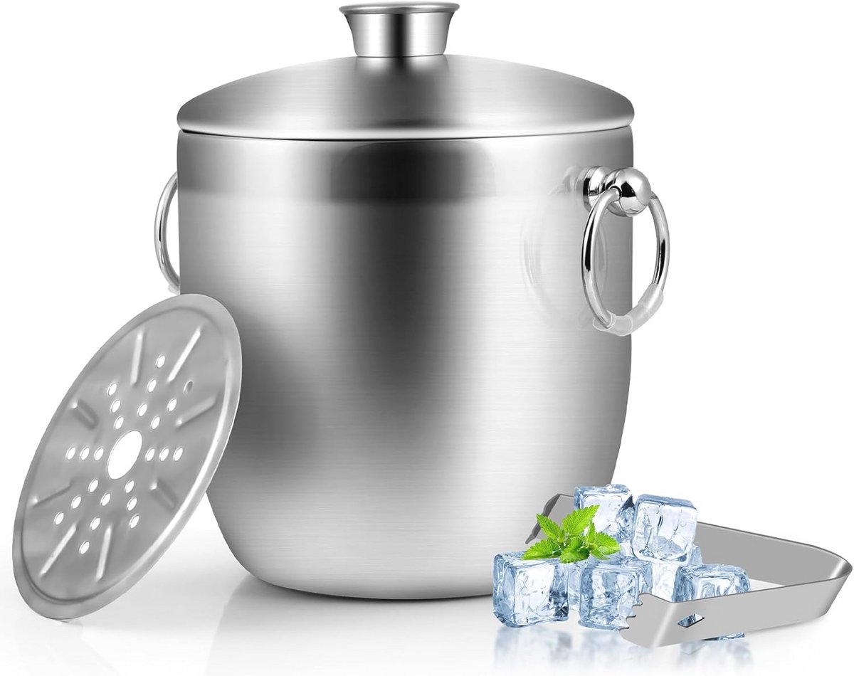 Dubbelwandige IJsemmer van Roestvrij Staal - 3 Liter met Deksel en Tang - Ideaal voor Koude Dranken en Feestjes