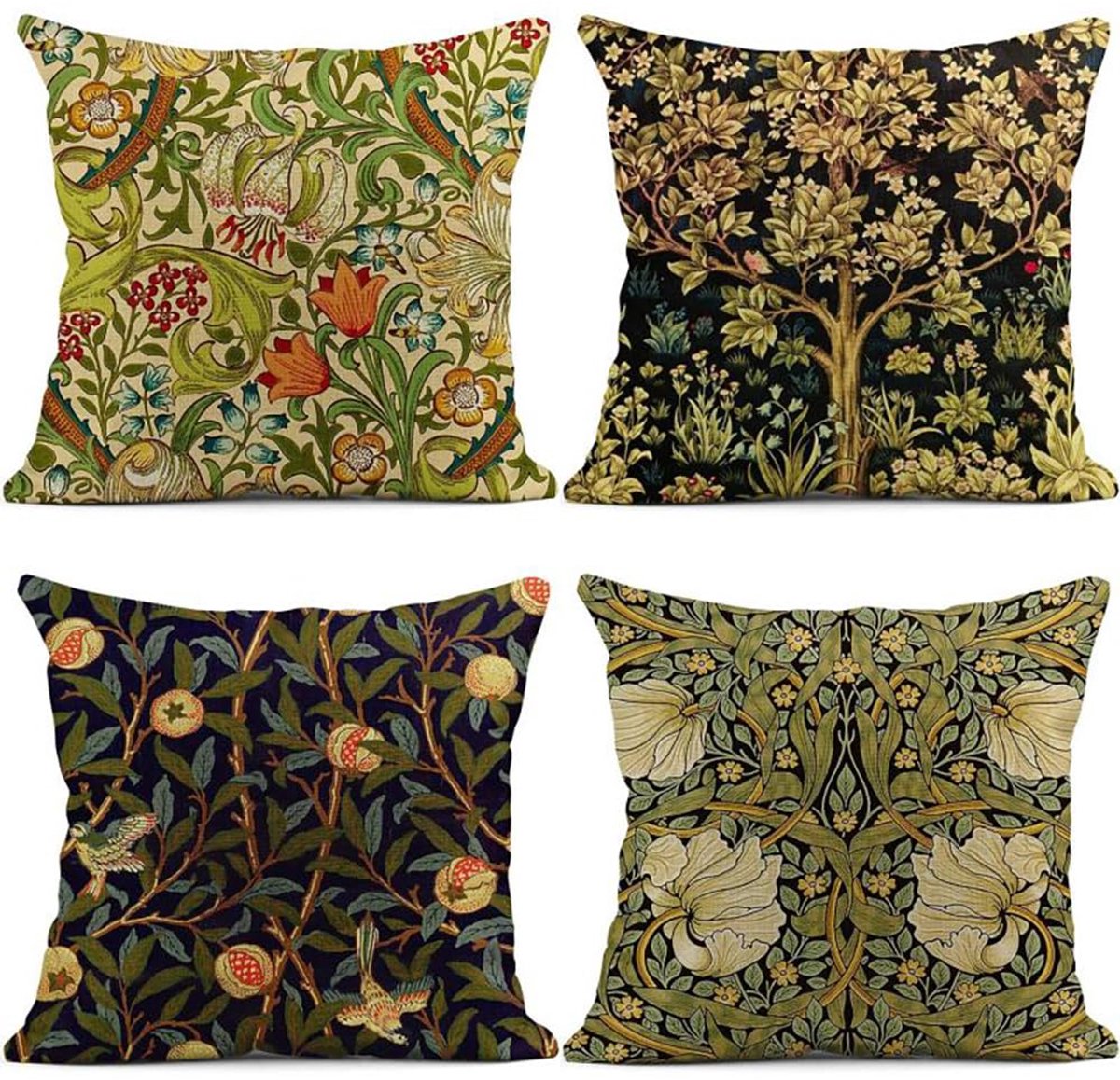 Unyqoos Set van 4 linnen kussenslopen met bloemen en vogels in boho vintage stijl Groen