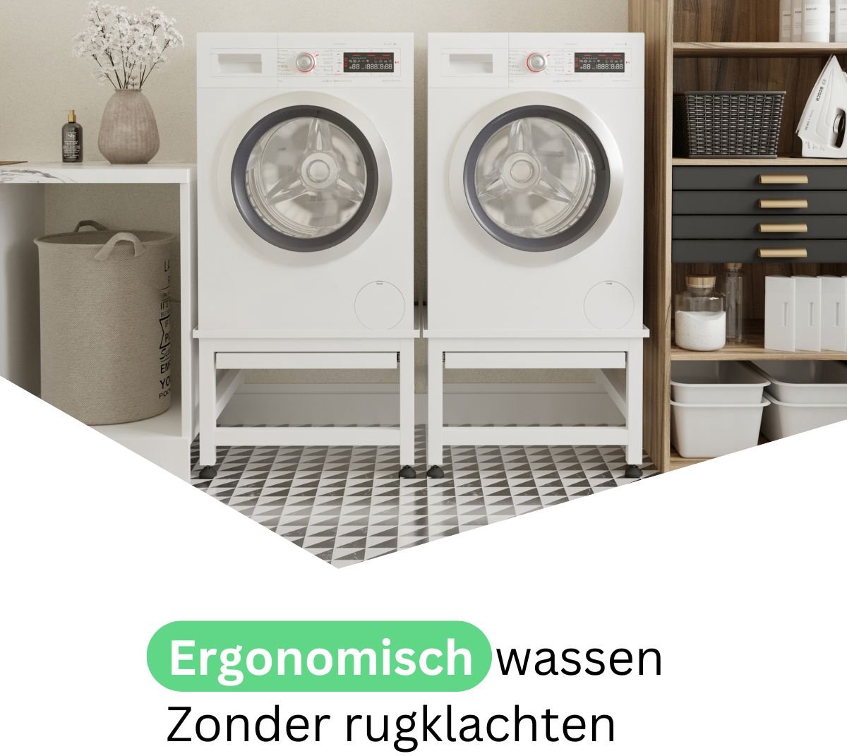 Wasophoogte® Wasmachine verhoger met uittrekbaar plateau - Dubbele wasmachine opbouwmeubel - Wasmachine sokkel - 42cm hoog - Wit - Universeel - 65*60,5 (LxB) - Inclusief wandbeugels thumbnail 4