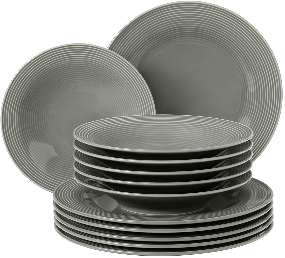 Tafelsservies 12-delig - Modern Rond Design met Groefstructuur - Parelgrau