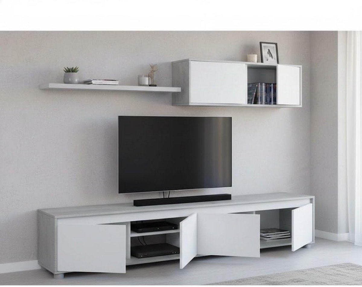 Moderne TV-meubelset met vier deuren, wandmodule en plank, Beton en Wit
