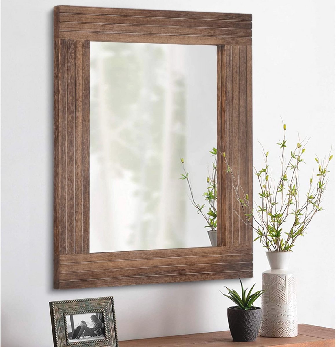 Rustieke Rechthoekige Wandspiegel met Houten Frame - Vintage Decor voor Badkamer, Woonkamer en Slaapkamer - 30 x 40 cm