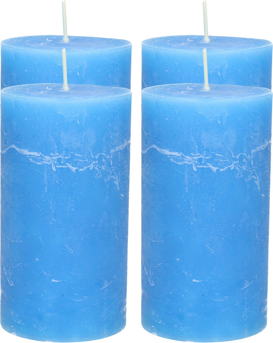 Atmosphera Stompkaars - 4x - helder blauw - 7 x 13 cm - rustiek model - cilinderkaars - kaars