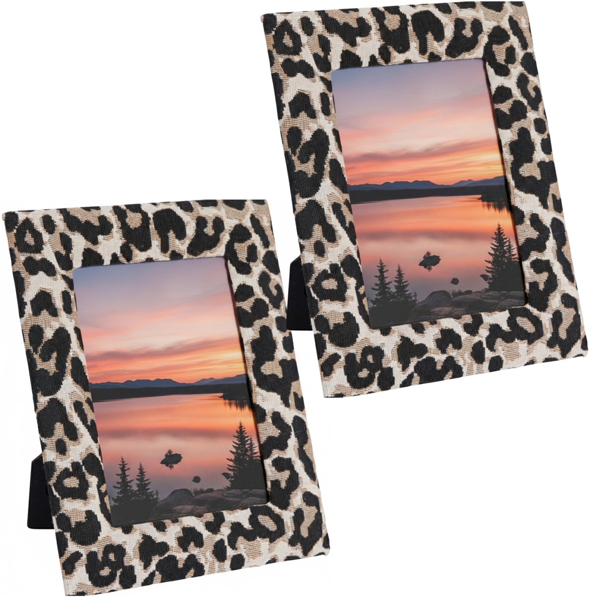 Home & Styling Fotolijstje Nel - 2x - luipaardprint - stof frame - voor foto van 13 x 18 cm - dierenprint Bruin
