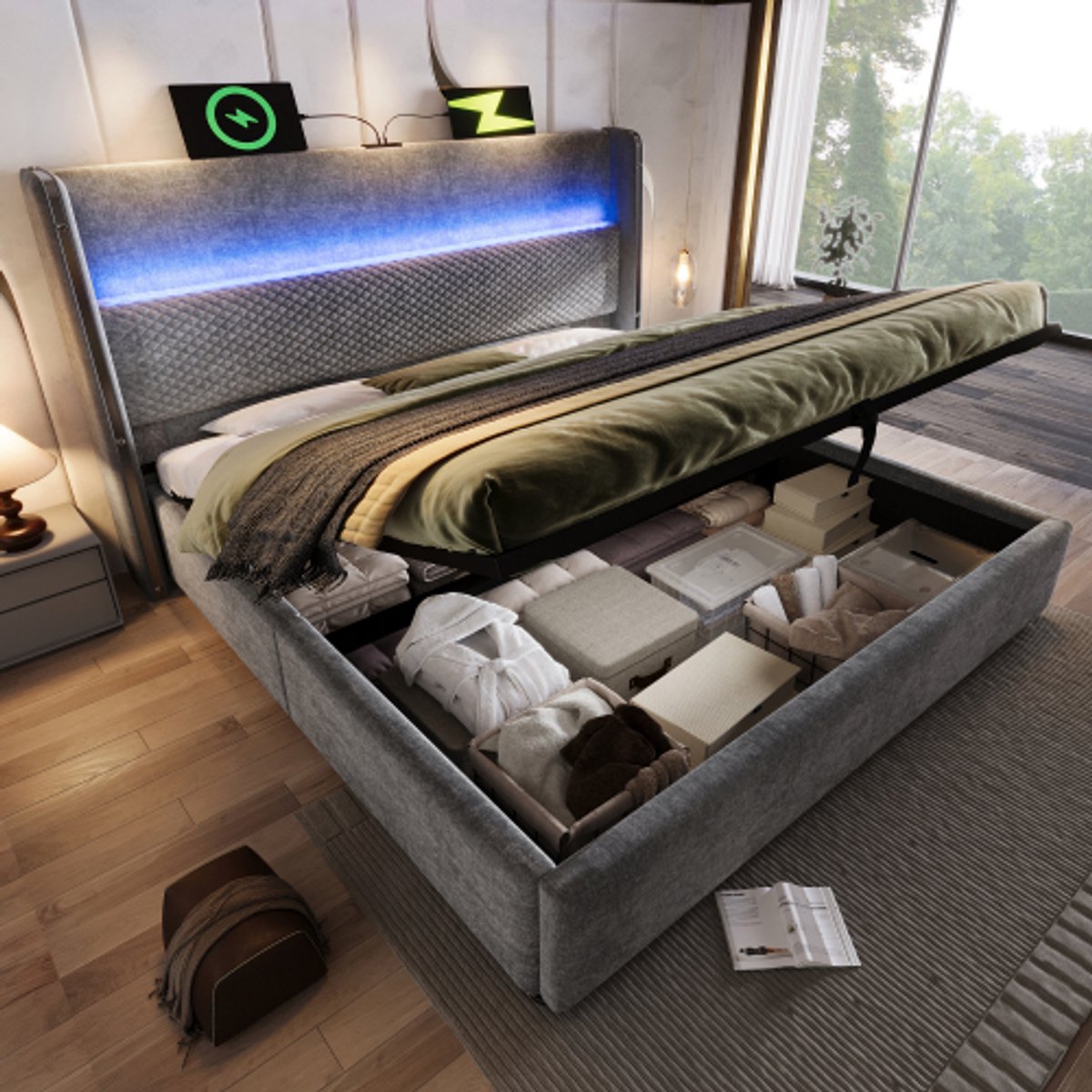 Gutent-Gestoffeerd bed 160x200cm-tweepersoonsbed met LED-verlichting-opbergruimte en USB/Type-C-aansluitingen-linnen-grijs-zonder matras