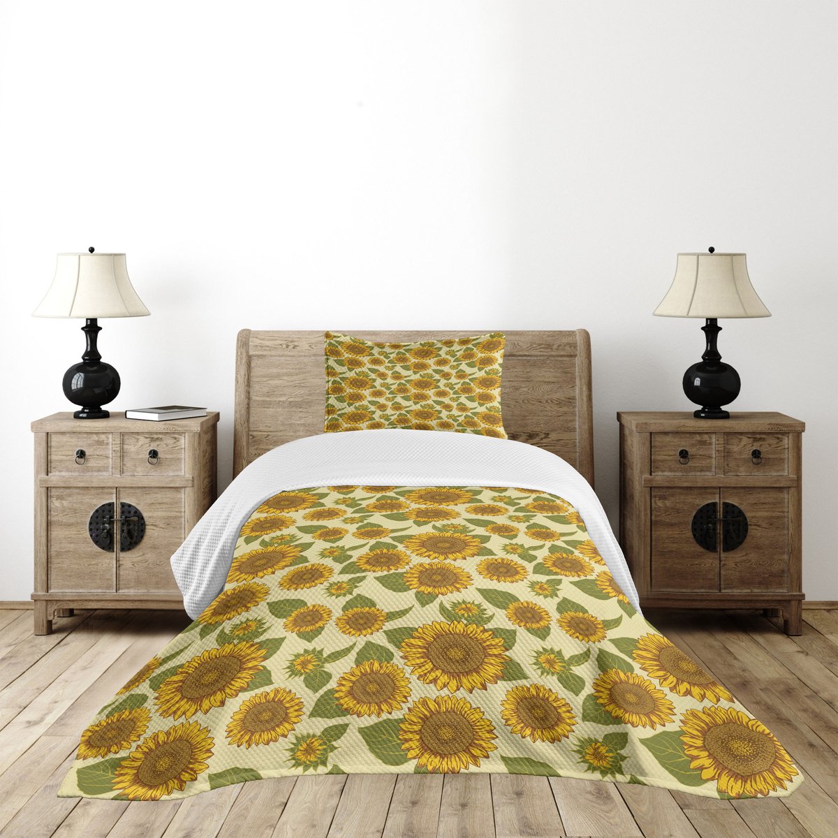 ABAKUHAUS Bedsprei Set – Funky Zonnebloem – 170×220 cm, Groen/Geel