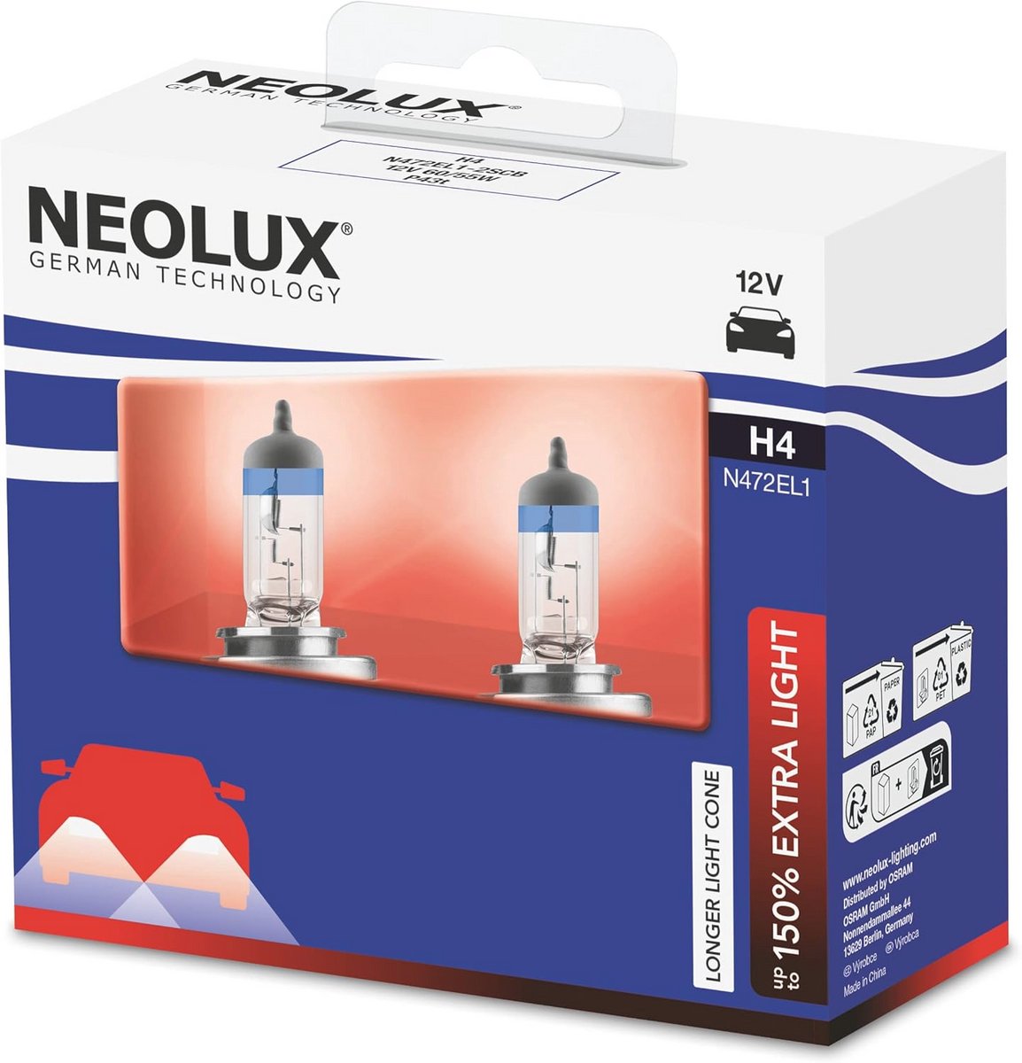H4 Halogeen Koplamp 150% Extra Licht, 12V 60/55W, Zachte Afdekdoos (2 Lampen)