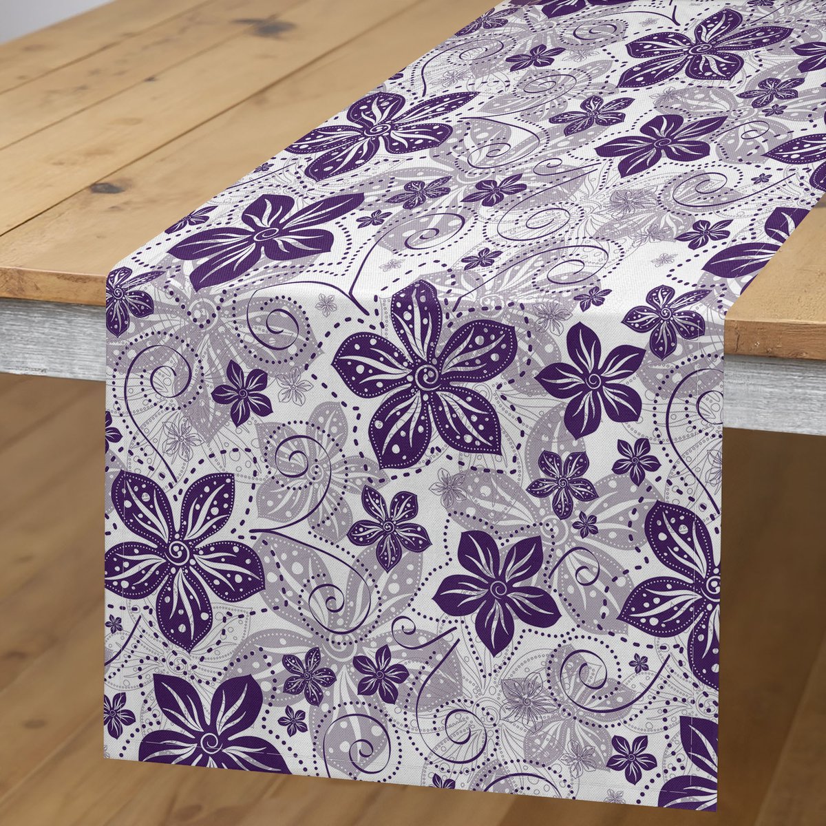 ABAKUHAUS Bloemen-tafelloper – 40x180 cm – Paars/Grijs – Digitaaldruk